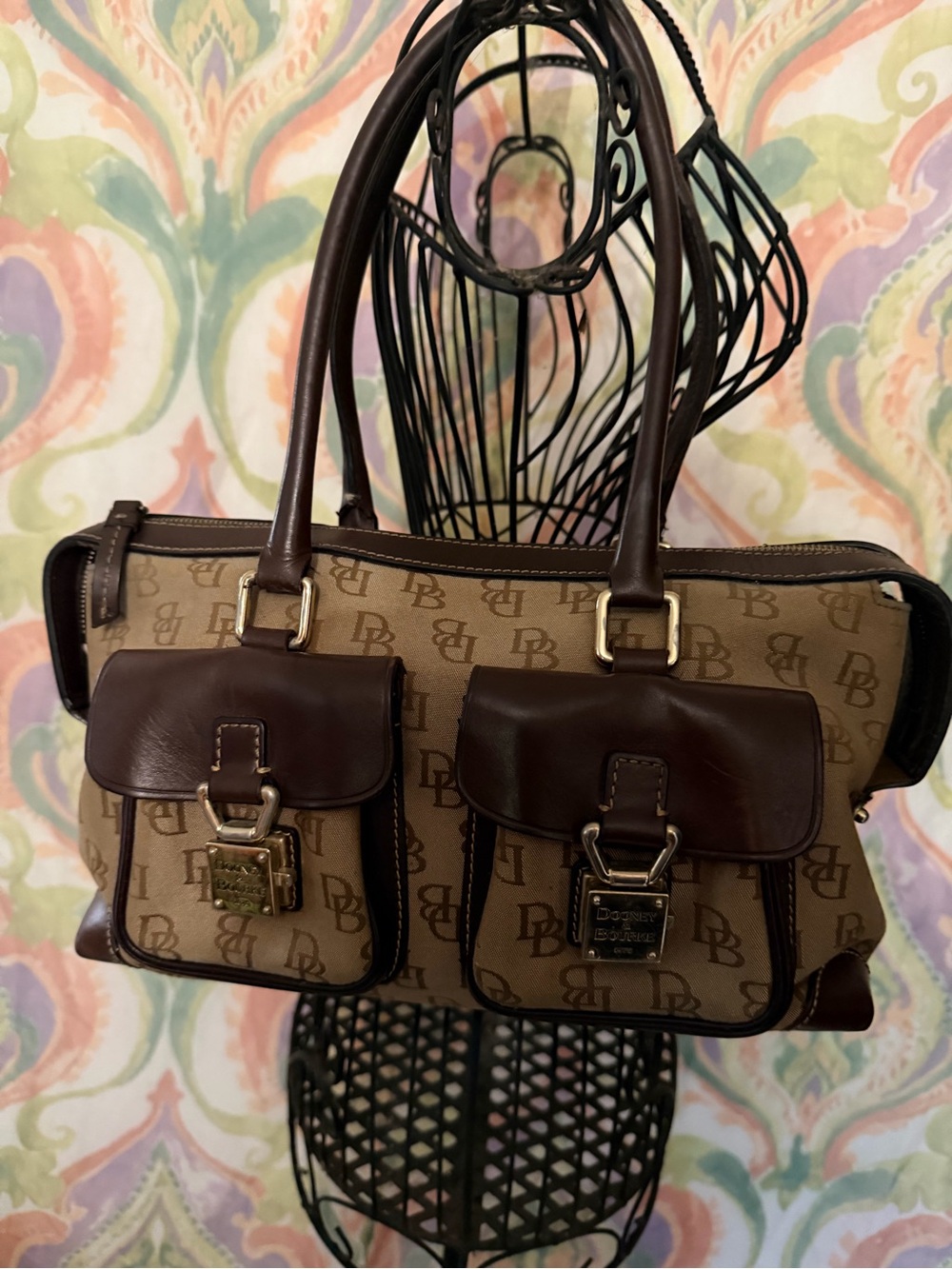 Dooney & Bourke Brown Signature Canvas Double Pocket Satchel